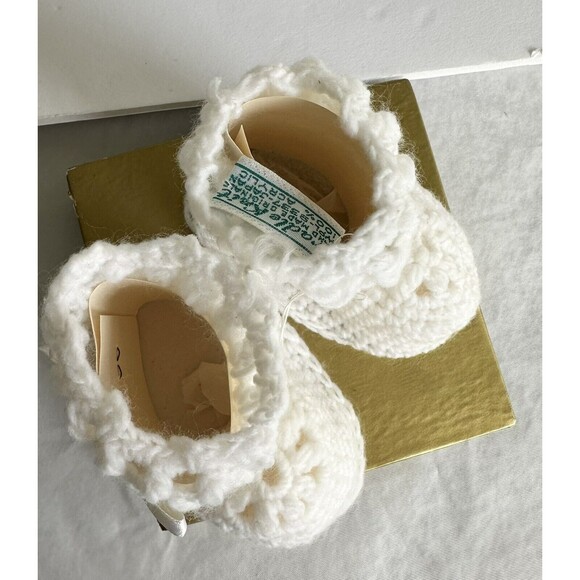 1960s Crocheted Knitted Baby Booties Shoes Infant White Bow Unisex NEW - Picture 7 of 9